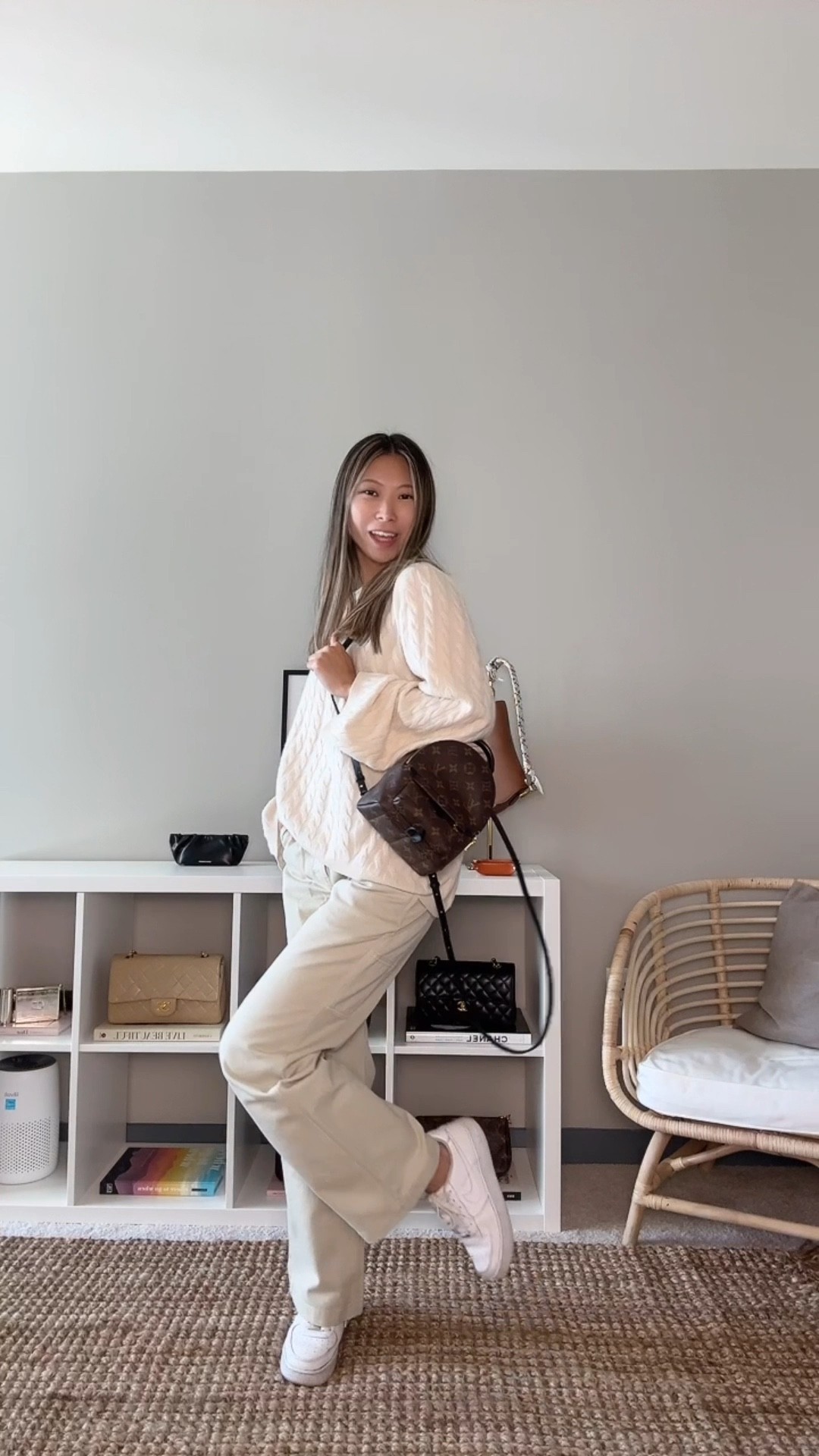 Outfit details: White cable-knit cashmere sweater - Toteme, Beige high rise carpenter pants - Aritzia, White sneakers - Nike, Mini backpack - Louis Vuitton // fall outfit inspo, fall fashion, minimal style, casual style, nyc street style, fall lookbook, neutral outfit, simple fits, everyday style, pinterest aesthetic, pinterest outfit inspo, neutral fashion, parisian chic, outfit inspo

#LTKstyletip #LTKitbag #LTKunder100