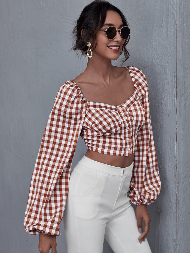 Lantern Sleeve Gingham Crop Top | SHEIN