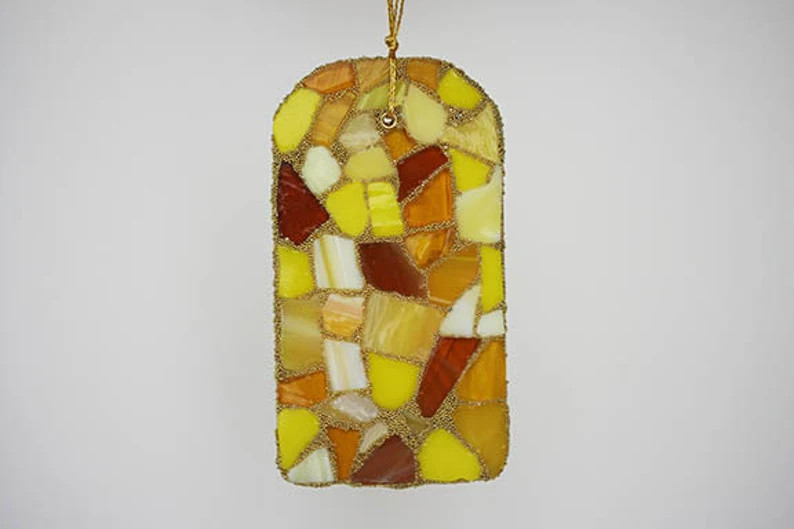 Yellow Mosaic Ornament Rectangle Tag Stained Glass Iridized Amber Gold Christmas home holiday dec... | Etsy (Global)