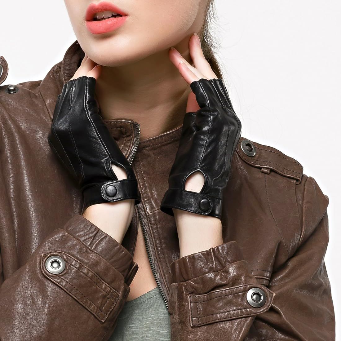 Women Driving Nappa Leather Gloves Half Finger Fingerless Lined Gloves for Nappaglo | Amazon (US)