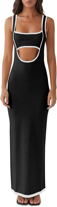 Fisoew Women's Sexy Cut Out Maxi Dress Backless Contrast Color Sleeveless Party Cocktail Bodycon ... | Amazon (US)