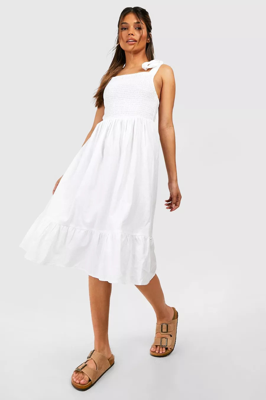 Tie Strap Shirred Bust Cotton Midi Dress | Boohoo.com (US & CA)
