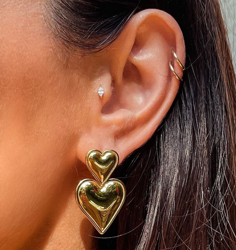 Puffy Heart Earrings, Big 18K Gold Drop Heart Earrings for Women, Chunky Heart Earrings for Her, ... | Etsy (US)