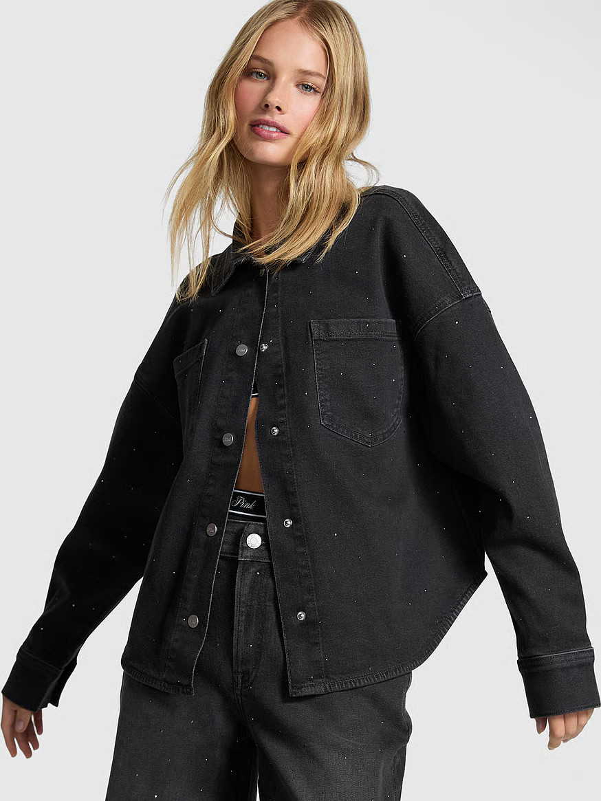 Buy Denim by PINK Shacket, Bluestone Wash Embroidery - Order Jackets & Outerwear online - PINK US | Victoria's Secret (US / CA )