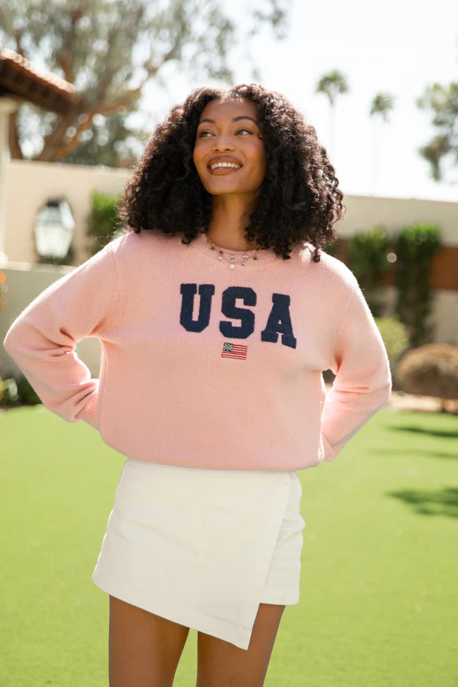 Miss Liberty Pink USA Crew Neck Sweater | Pink Lily