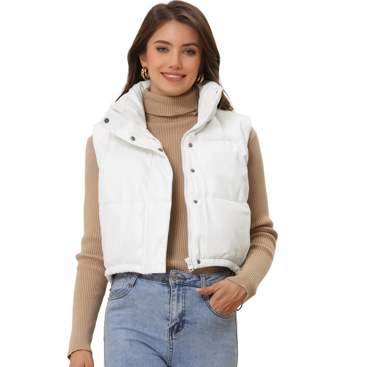 Allegra K Women's Lightweight Cropped Quilted Padded Zip Up Sleeveless Puffer Vest White Medium | Target