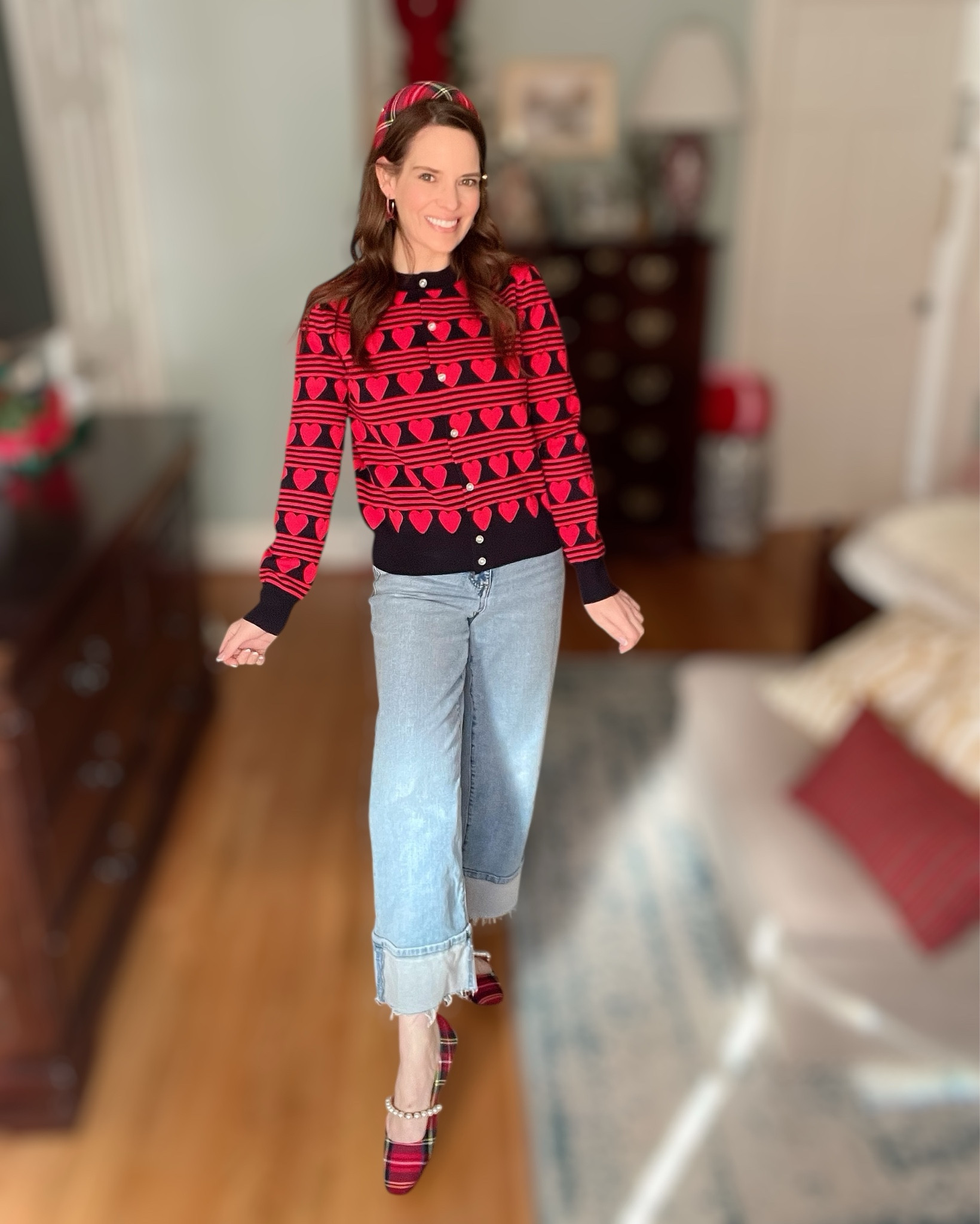 Holiday Hearts & Plaid ❤️🎄💘

This festive outfit works perfectly for both Christmas and Valentine’s Day with its playful heart print and classic red accents ❤️🎄💘 I styled this red heart print cardigan with cuffed light-wash jeans for an easy, casual look that feels polished and fun. The tartan padded headband and matching red plaid flats add a timeless pop, while the festive bow hoop earrings finish it off with just the right touch of sparkle ✨🎀 This is such a cute option for holiday parties, seasonal get-togethers, Christmas shopping, family photos, or a casual Valentine’s Day outfit you can wear all winter long 💕

holiday outfit, Christmas outfit idea, Valentine’s Day outfit, festive cardigan, heart print sweater, red and black cardigan, plaid headband, tartan accessories, cuffed jeans outfit, casual holiday look, casual Valentine’s Day outfit, Walmart fashion finds, Amazon holiday accessories, festive flats, cozy seasonal style

#LTKFindsUnder100 #LTKFindsUnder50 #LTKHoliday