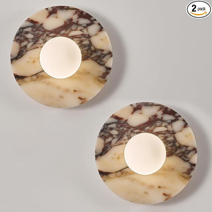 Alabaster Wall Sconce Set of Two, 7.8" Round Marble Wall Lighting with Globe Glass Shade, Unique ... | Amazon (US)