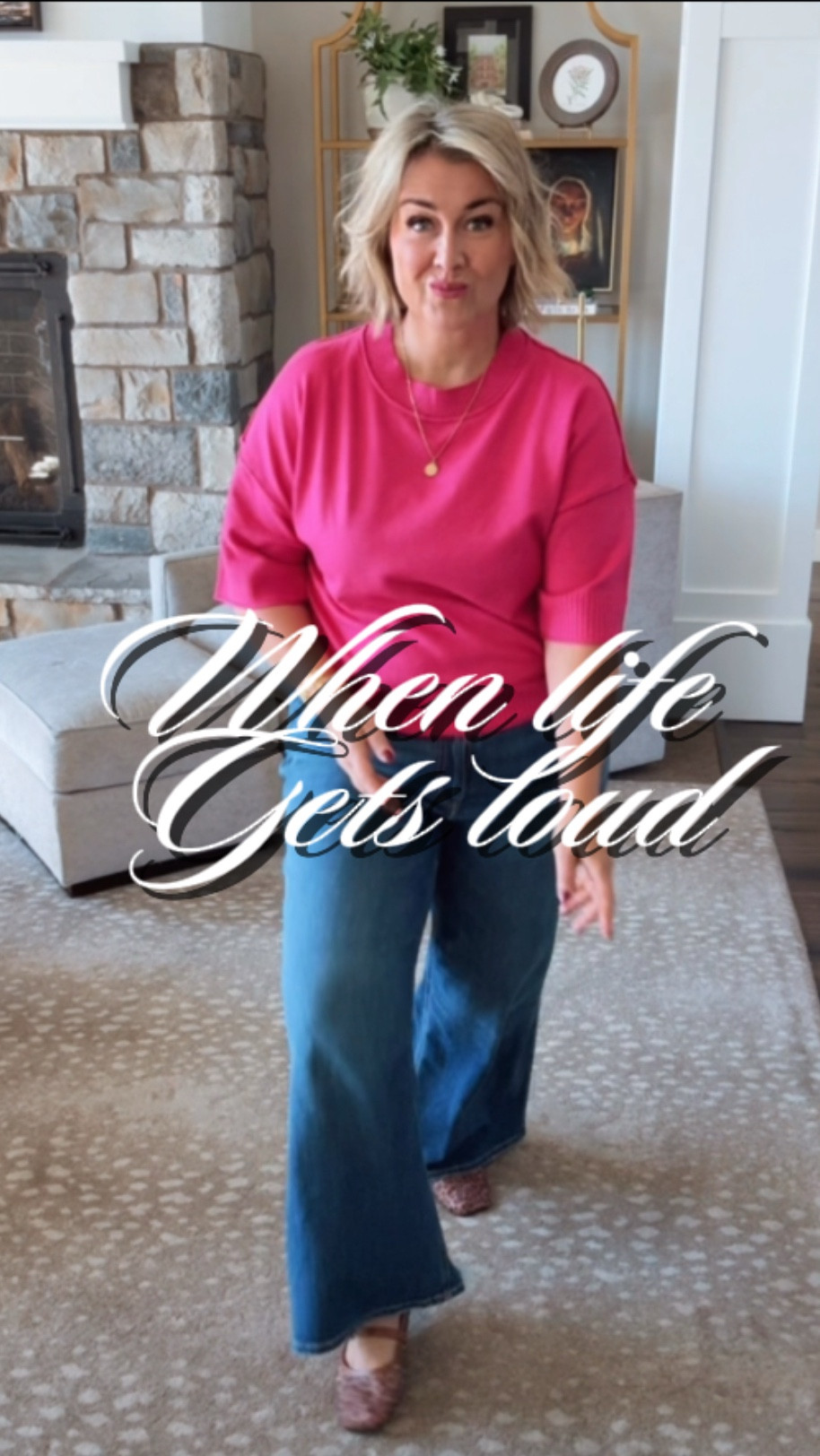 When life gets loud… I just turn the music up and dance my intrusive thoughts away. 
Because sometimes, the best therapy is a solo dance party in your living room — pink sweater, wide-leg jeans, and all. 💃✨
Wearing my bright pink knit sweater (so cheerful for gloomy days!) paired with wide-leg denim and textured flats for that comfy-meets-chic vibe.


#LTKMidsize #LTKOver40 #LTKStyleTip