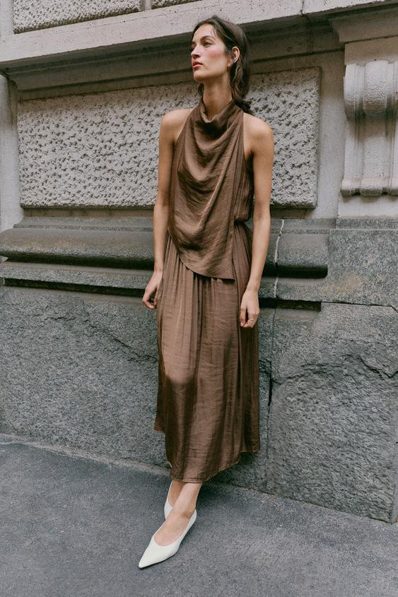 Zara - Satin Midi Dress - Brown - Xl - Woman | Zara US