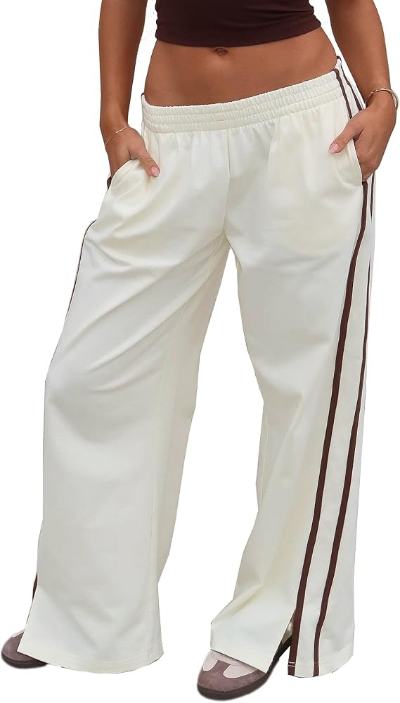 Women's Elasticated Waistband Side Pockets Double Stripe Split at Bottom Hem Wide Leg Pants | Amazon (US)