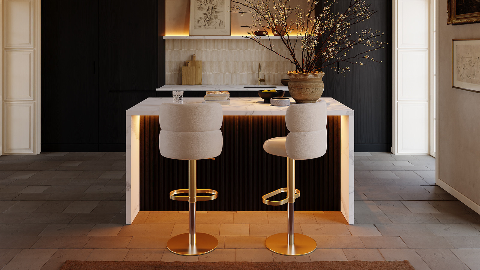 Modern 72" White & Black Kitchen Island With Storage & LED Light, Waterfall Edge
 | Homary