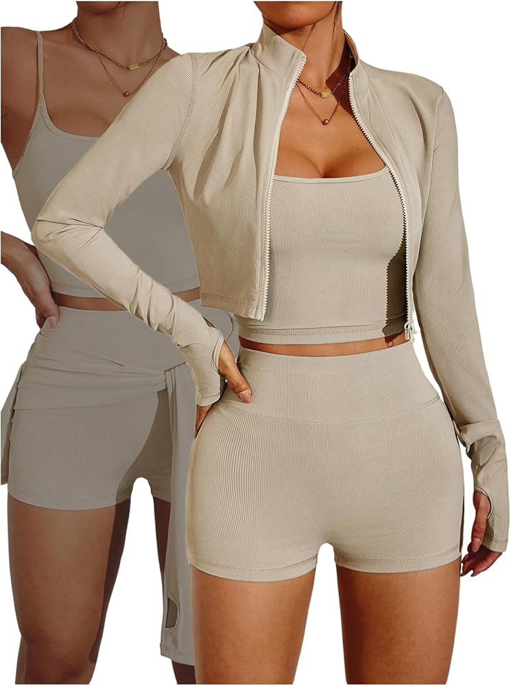 SweatyRocks Women's 3 Piece Workout Sets Tummy Control Biker Yoga Shorts Leggings Camisole with J... | Amazon (US)