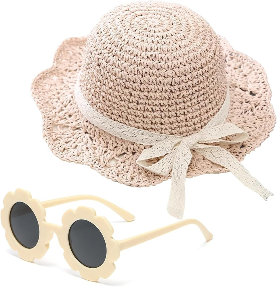 Girls Straw Hat with Flower Round Sunglasses, Summer Foldable Large Brim Sunflower Bowknot Beach ... | Amazon (US)
