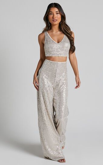 Abela Two Piece Set - Crop Top and Wide Leg Pants Set in Silver Sequin | Showpo (US, UK & Europe)