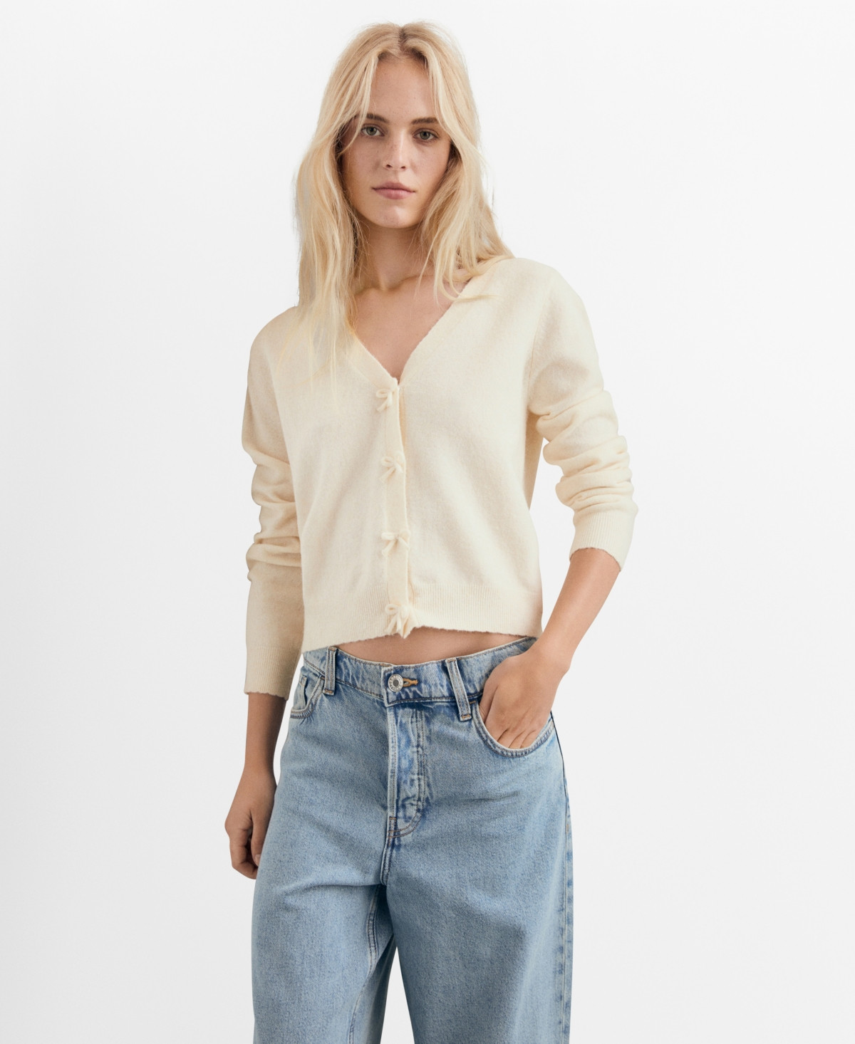 Mango Women's V-Neck Wool-Blend Cardigan - Ecru | Macy's