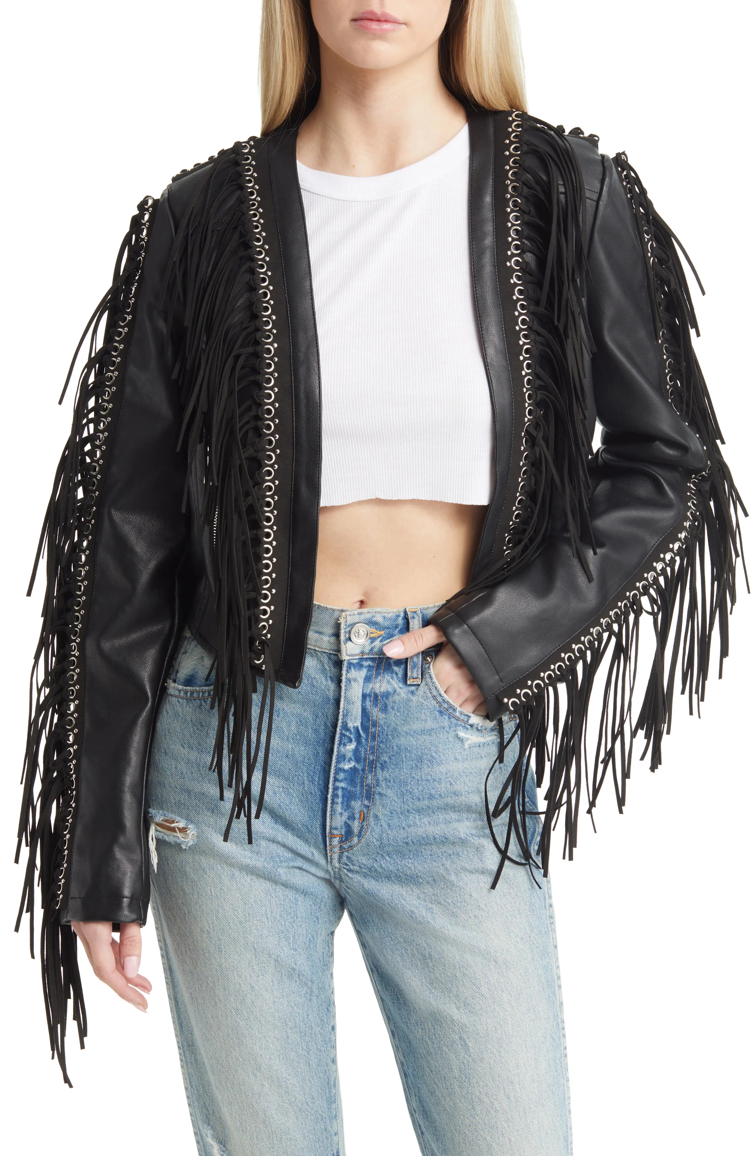 AZALEA WANG Fringe & Rivet Detail Faux Leather Jacket (Women) | Nordstrom | Nordstrom