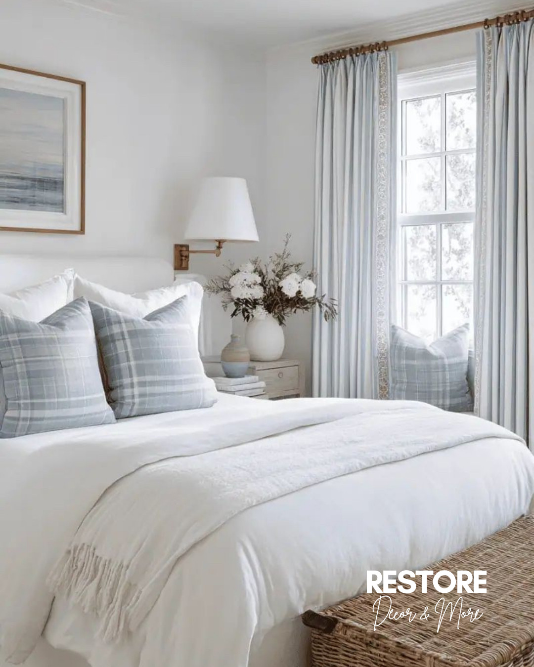 This bedroom just feels like a breath of fresh air 🤍
Soft blues, crisp whites, and those cozy layered textures… it’s simple but still feels so pulled together. I love how the plaid pillows add just enough pattern without making it busy, and the light wood + woven pieces keep it warm and inviting.

It’s giving calm, cozy, and slightly coastal without trying too hard—and honestly, that’s my favorite kind of space.

Linked everything I could find to recreate this look✨ 

 #LTKHome