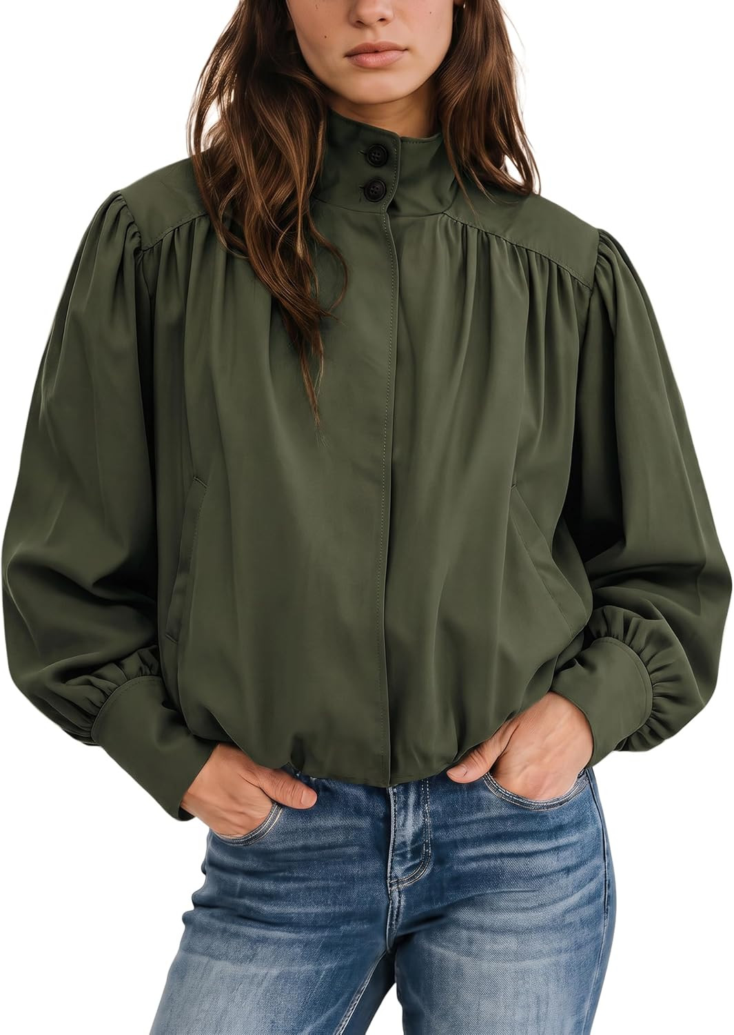 Women's Bomber Jacket Casual High Collar Button Down Pleated Coat | Amazon (US)