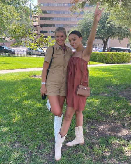 Tan denim utility romper - tall white cowboy boot outfit - Gameday outfit