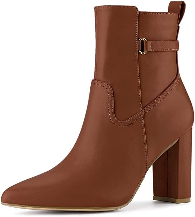 Allegra K Women's Pointed Toe Chunky High Heels Ankle Boots | Amazon (US)