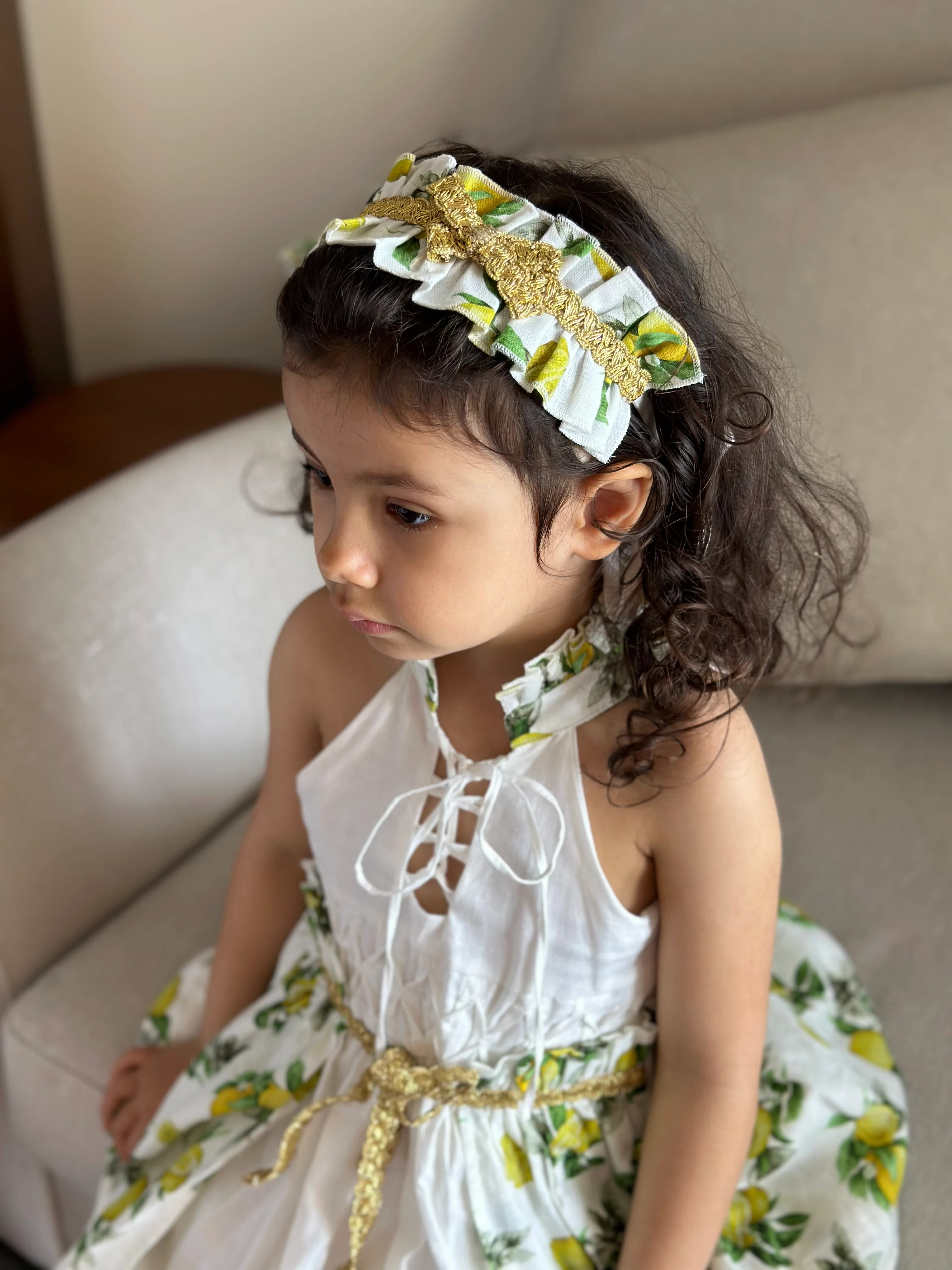 Amalfi Lemon Print Linen Hair Sash | petite maison kids