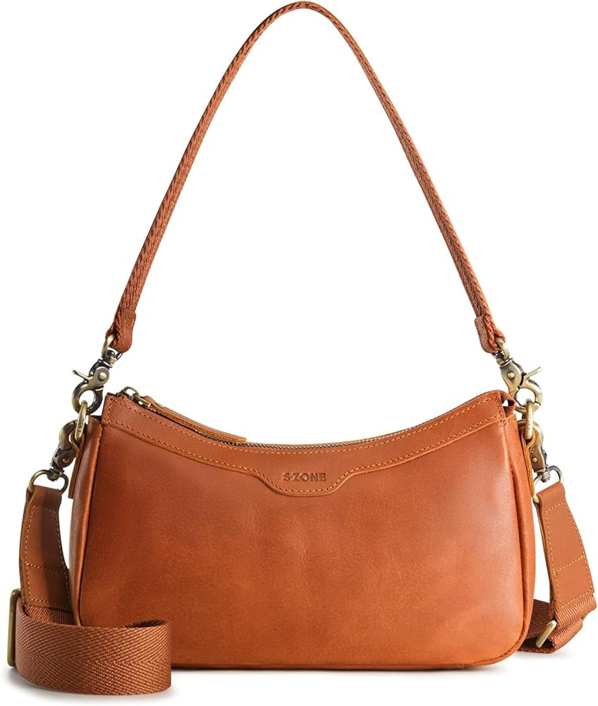 S-ZONE Leather Shoulder Bag for Women Small Crossbody Bags Hobo Purses with 2 Straps | Amazon (US)