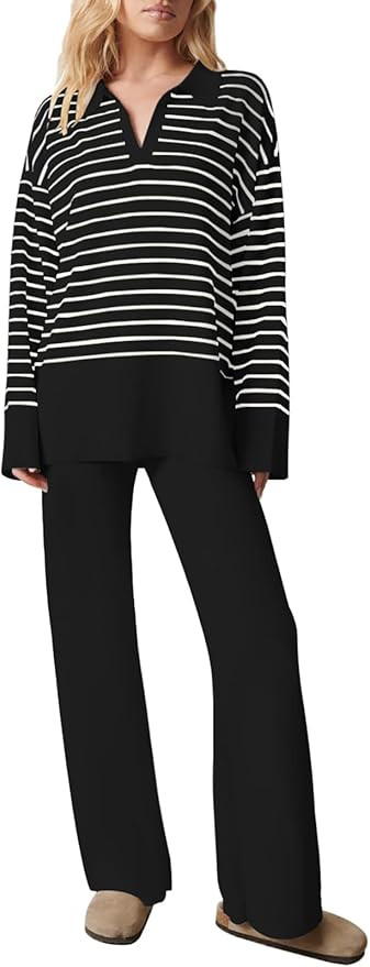 Pink Queen 2024 Fall Sweater Sets for Women 2 Piece Long Sleeve Collar V Neck Sweatsuit Knitted S... | Amazon (US)