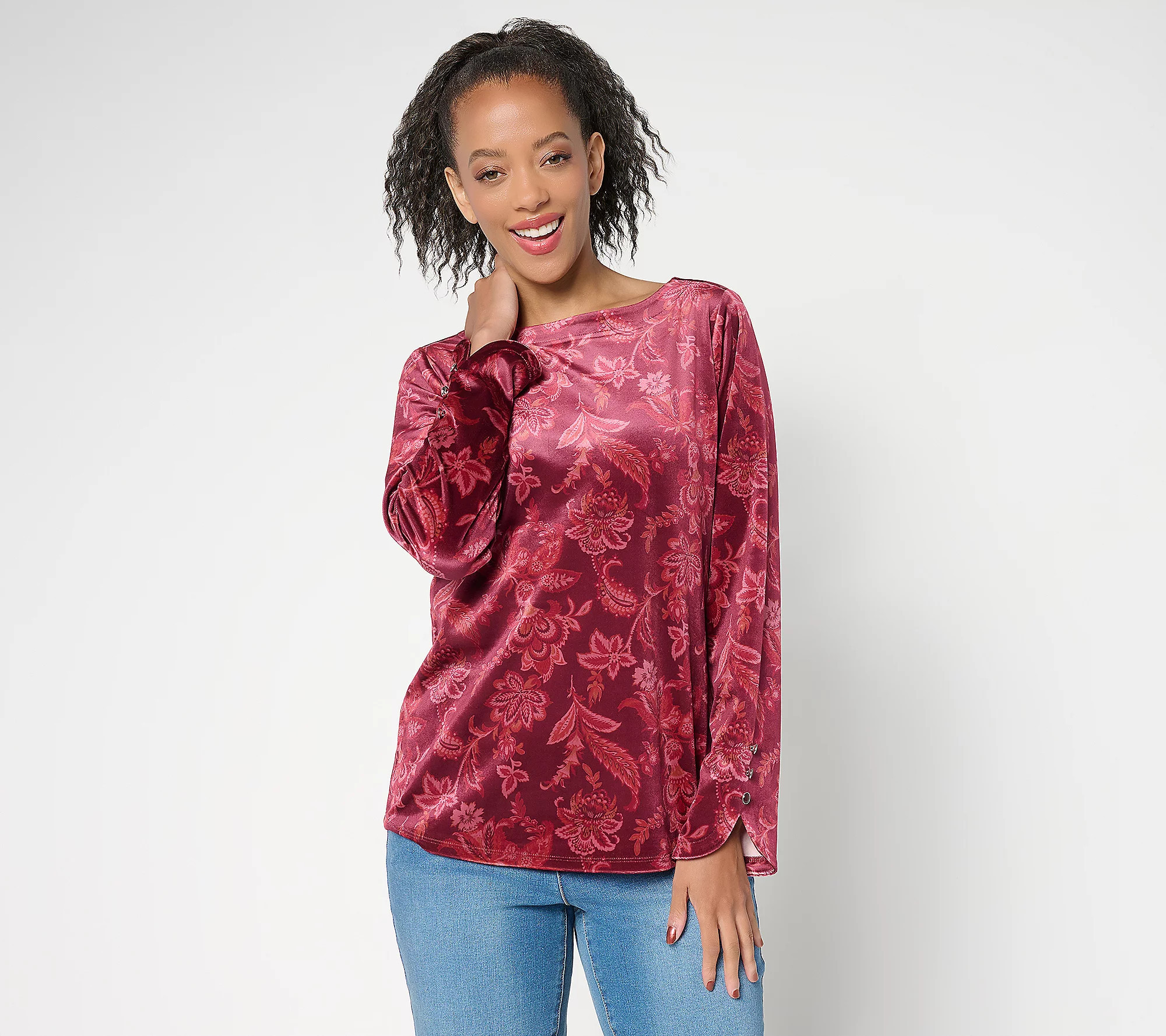 Denim & Co. Printed Velvet Long Sleeve Boat Neck Top | QVC