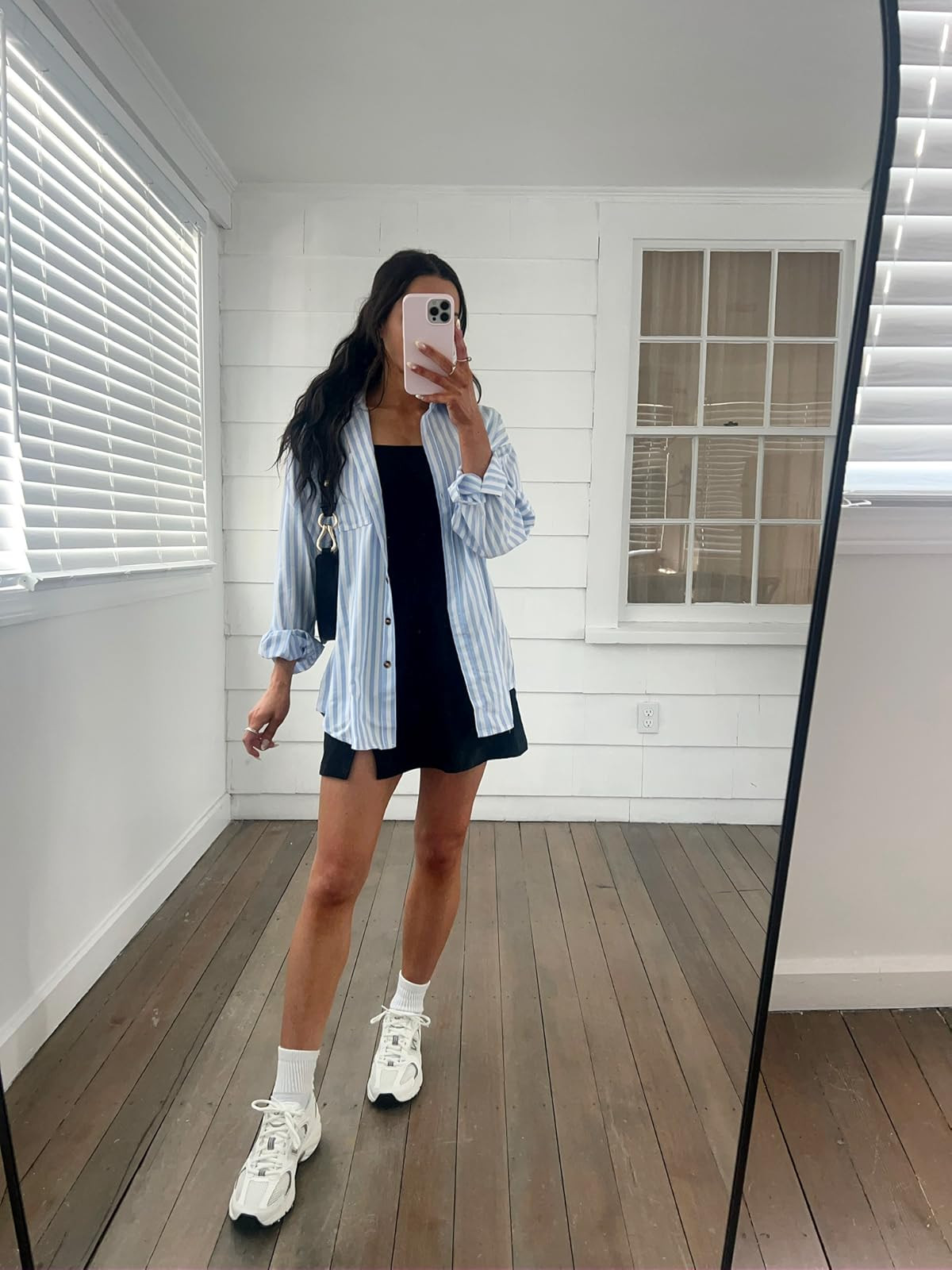 Today's summer outfit- dress in S, button down in S, sneakers true to size! Blue and white stripped button down/black athletic casual summer dress/casual summer outfit 

 

#LTKSeasonal #LTKPetite #LTKFindsUnder50