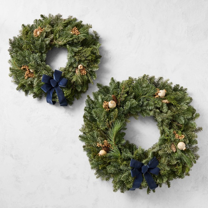 Fresh Noble Fir and Juniper Navy Velvet Bow Wreath | Williams-Sonoma