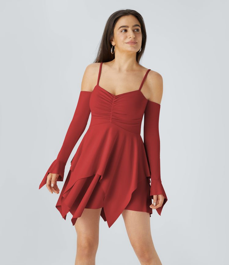 Ruched Long Sleeve Layered Hanky Hem Mini Casual Dress | HALARA