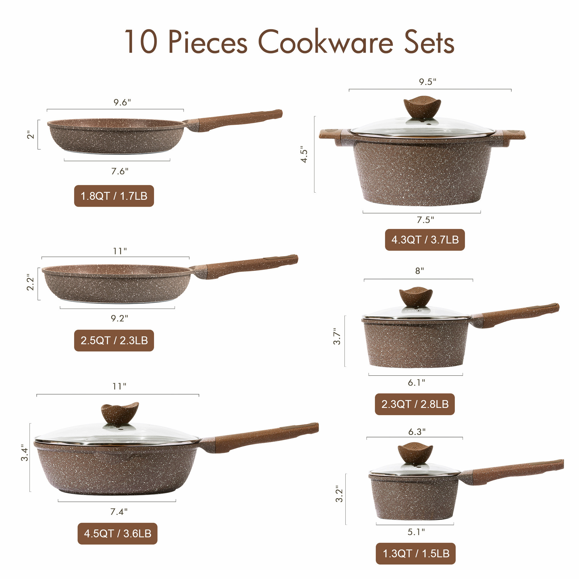 Carote Nonstick Granite Cookware Sets, 10 Pcs Brown Granite Pots and Pans Set, Induction Stone Ki... | Walmart (US)