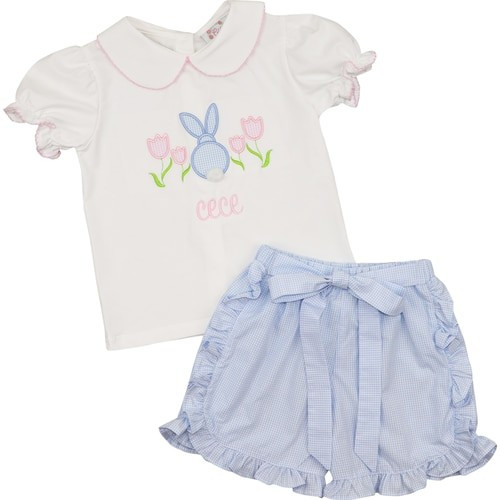 Blue Gingham Applique Bunny Short Set - Shipping Mid-March | Cecil and Lou