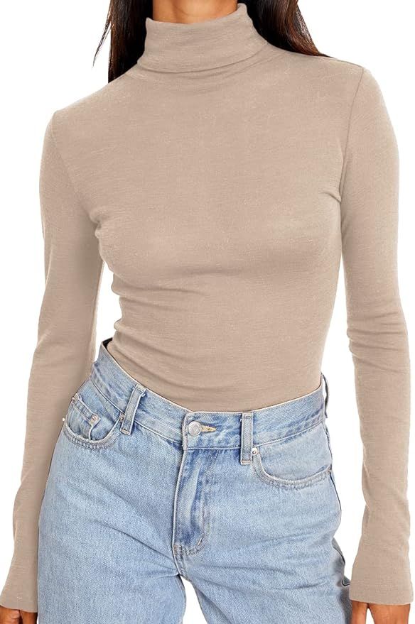 Trendy Queen Women's Fall Turtleneck 2022 Long Sleeve Shirts Basic Layering Slim Fit Soft Thermal... | Amazon (US)