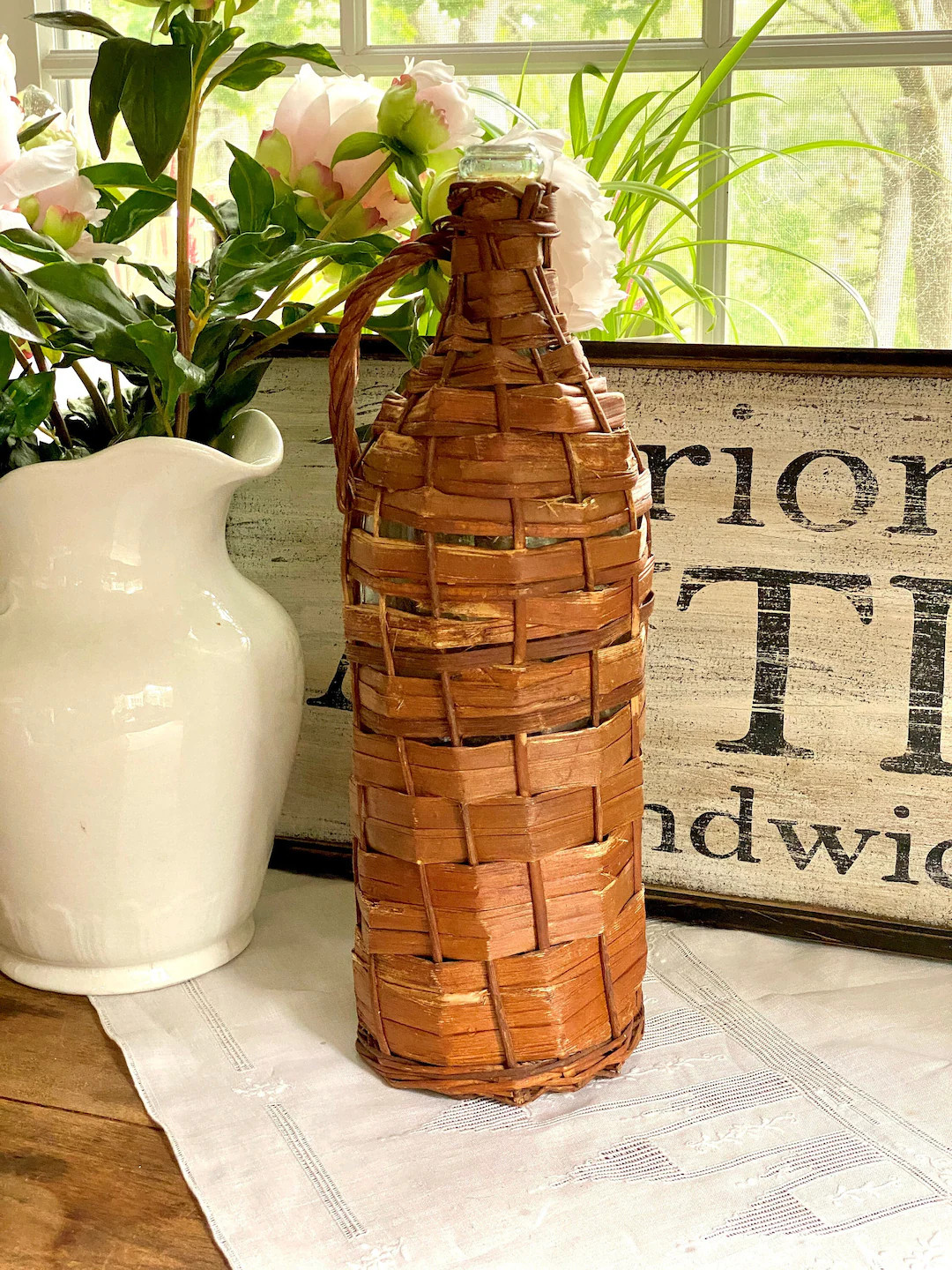 Vintage Wicker Tall Demijohn Bottle Basket Willow Wicker Wrapped Turquoise Glass Wine - Etsy | Etsy (US)