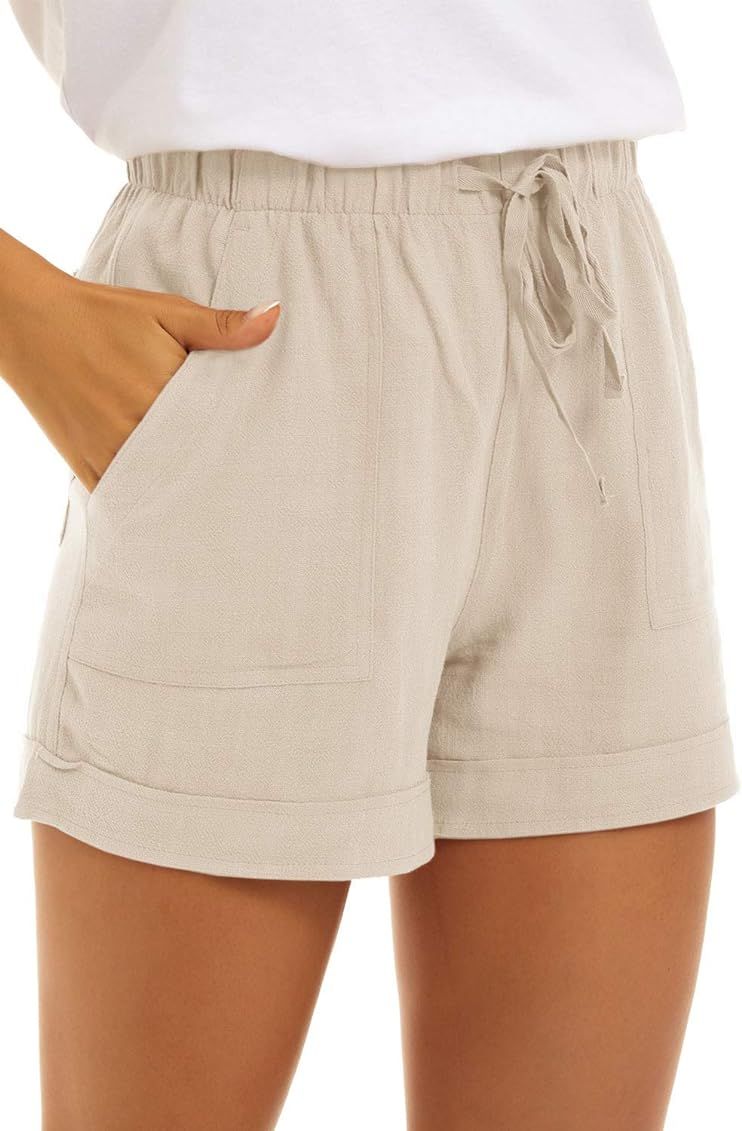 KINGFEN Women Casual Cotton Shorts Drawstring Comfy Elastic Waist Shorts Summer Pull On Short with P | Amazon (US)