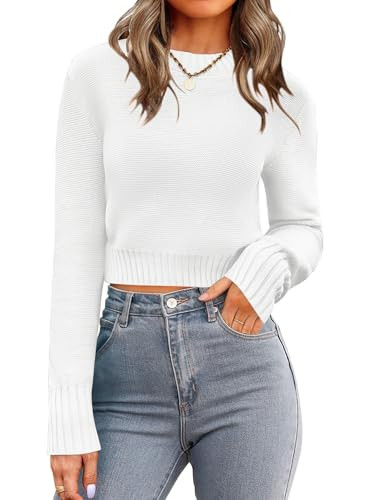 Zeagoo Women's 2025 Fall Crewneck Cropped Sweater Trendy Long Sleeve Ribbed Knit Pullover Jumper Tops A-White | Amazon (US)
