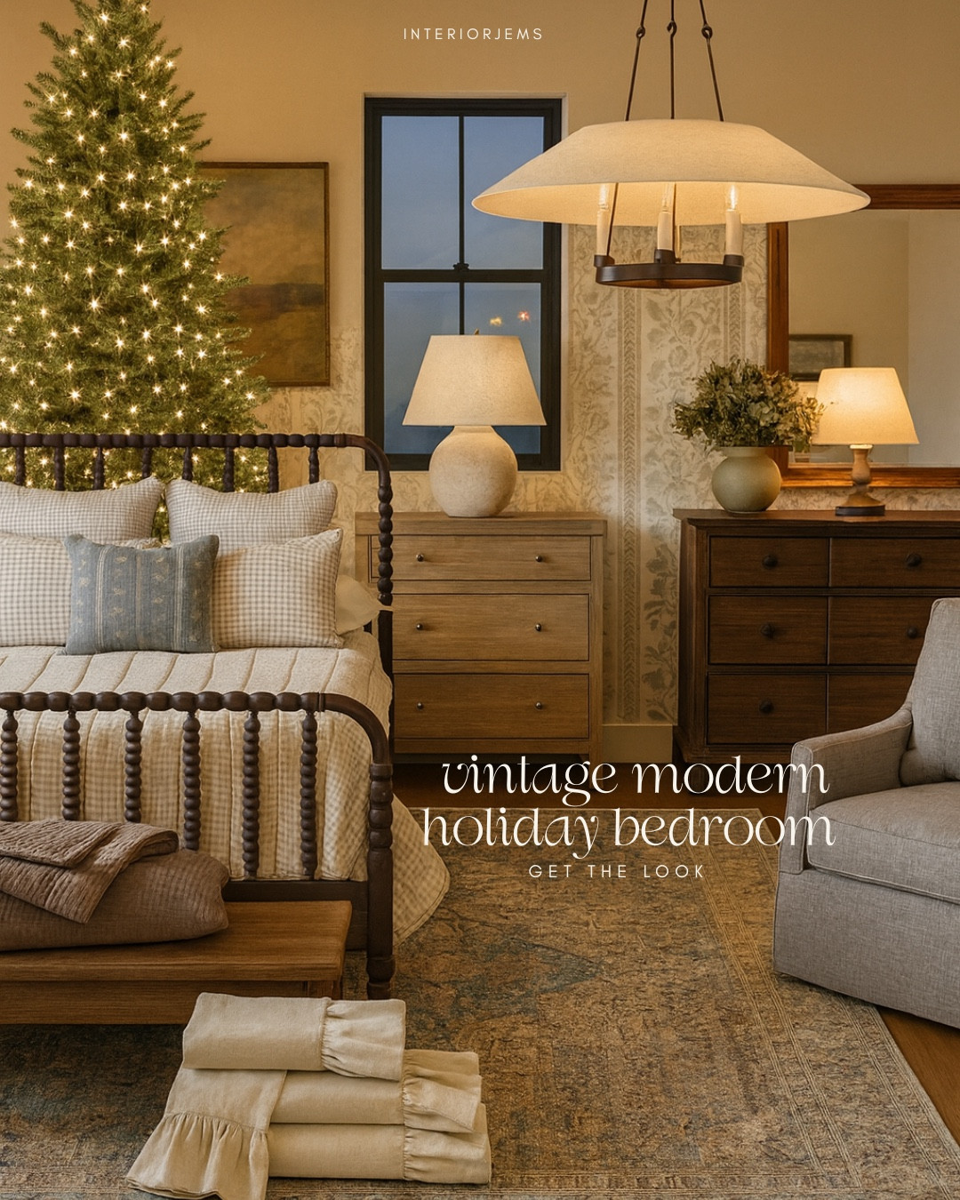 Love the vintage modern bedroom the spindle like bed is so pretty in the natural wood. Nightstand is my favorite, dark brown dresser, Ottomans, area, rug, pendant, light, ceiling, light, table, lamp, holiday bedroom.

#LTKHome #LTKHoliday #LTKSaleAlert