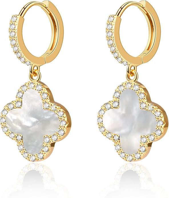 Gold Dangle Earrings, 14K Gold Plated Small Huggie Hoop Earrings with Clover Charms, Dainty Drop ... | Amazon (US)