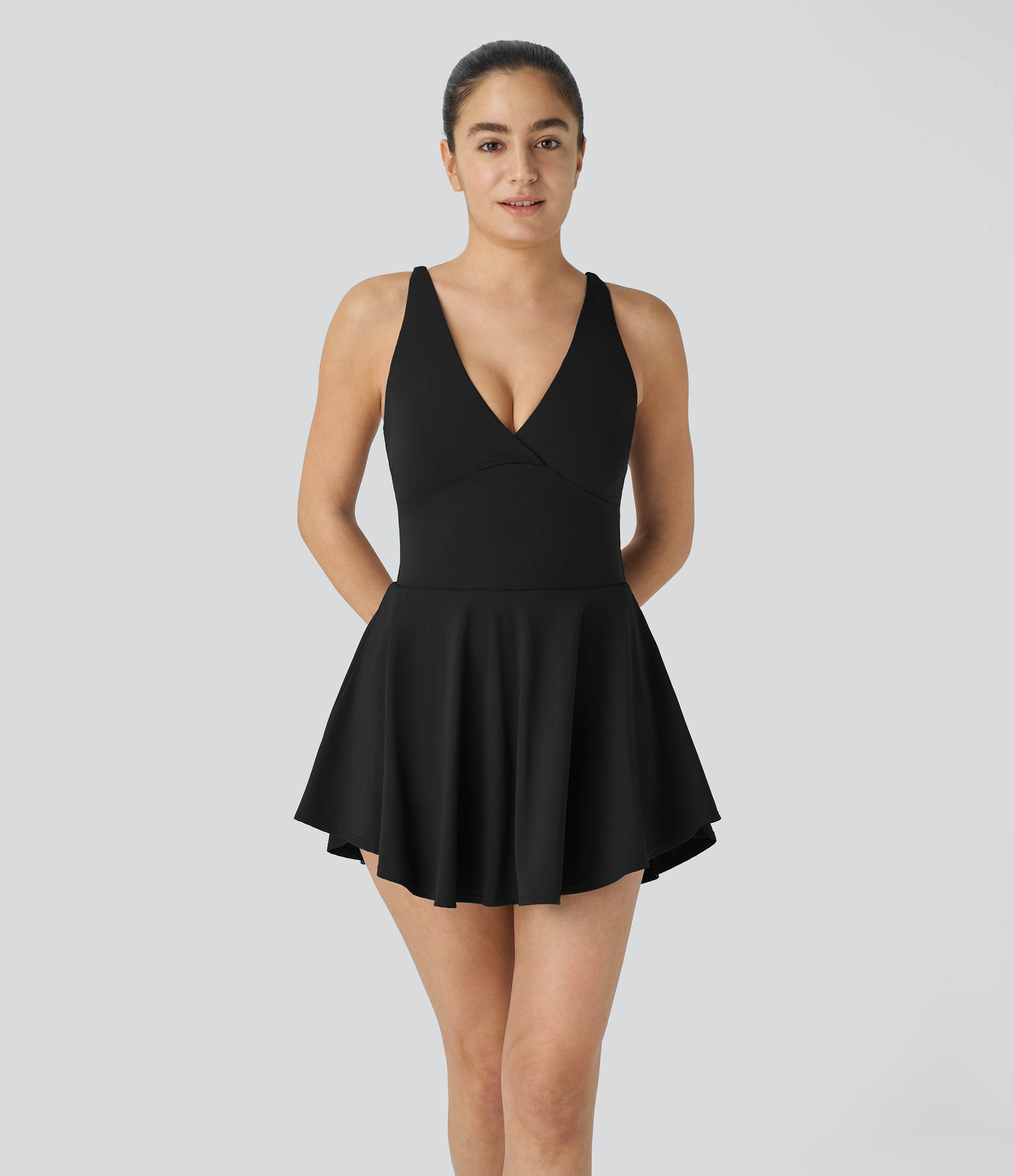 Halara Backless Cut Out 2-in-1 Side Pocket Flare Mini Active Dress Workout Dress - Black - S | HALARA