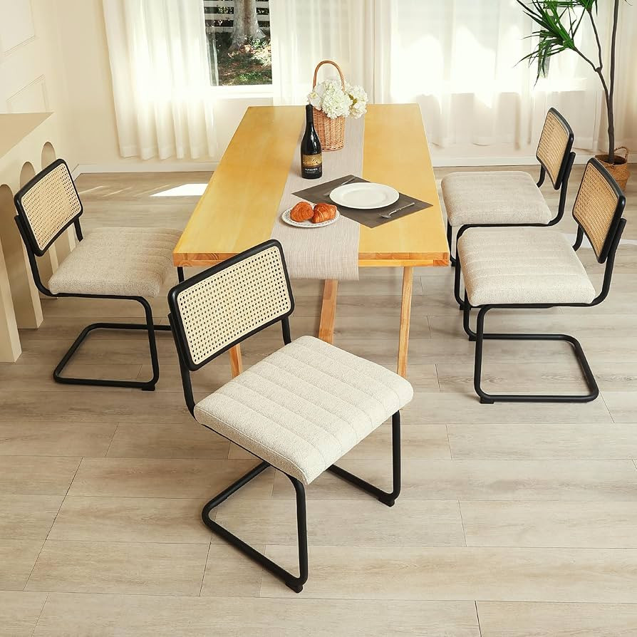 ONEVOG Mid-Century Modern Dining Chair Set of 4, Natural Mesh Rattan Backrest, Upholstered Fabric... | Amazon (US)