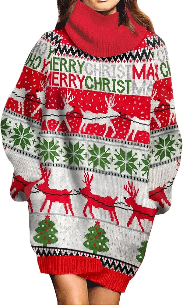 Jumppmile Womens Ugly Christmas Xmas Oversize Turtleneck Pullover Sweater Dress with Pockets | Amazon (US)