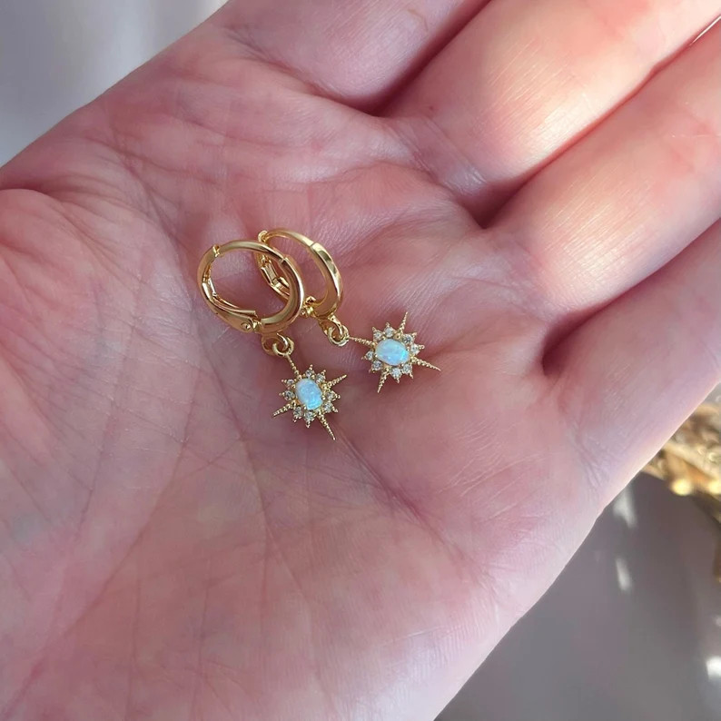 GOLD FILLED Opal Star Hoop Earrings Dainty North Star Earrings Opal Jewelry Set Gemstone Earrings... | Etsy (US)
