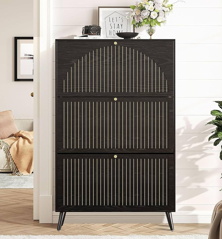 Shoe Storage Cabinet for Entryway with 3 Flip Drawers, Narrow Shoe Organizer with Fluted Panel, F... | Amazon (US)