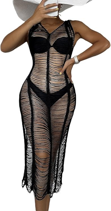 SOLY HUX Women's Sleeveless V Neck Hollow Out Crochet Beach Swimsuit Bikini Cover Up | Amazon (US)