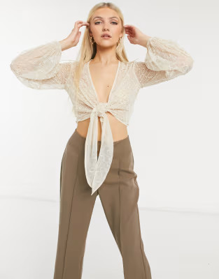 ASOS DESIGN pearl embellished top in cream | ASOS (Global)