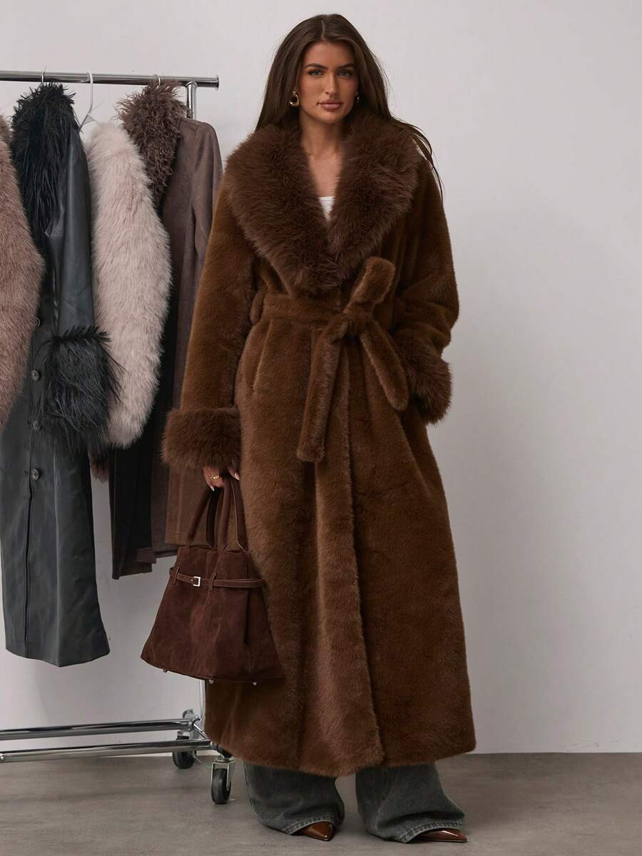 SHEIN BAE Women's Solid Color Shawl Collar Long Sleeve Pocket Belt Design Long Faux Fur Fashion J... | SHEIN