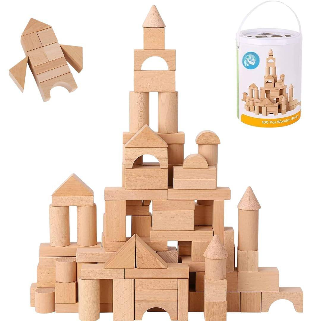EZTW1 - Wooden Blocks - 100 Building For Includes Storage Container With Shape Sorter Lid Beech Wood Learning Toys - Natural | Best Buy U.S.