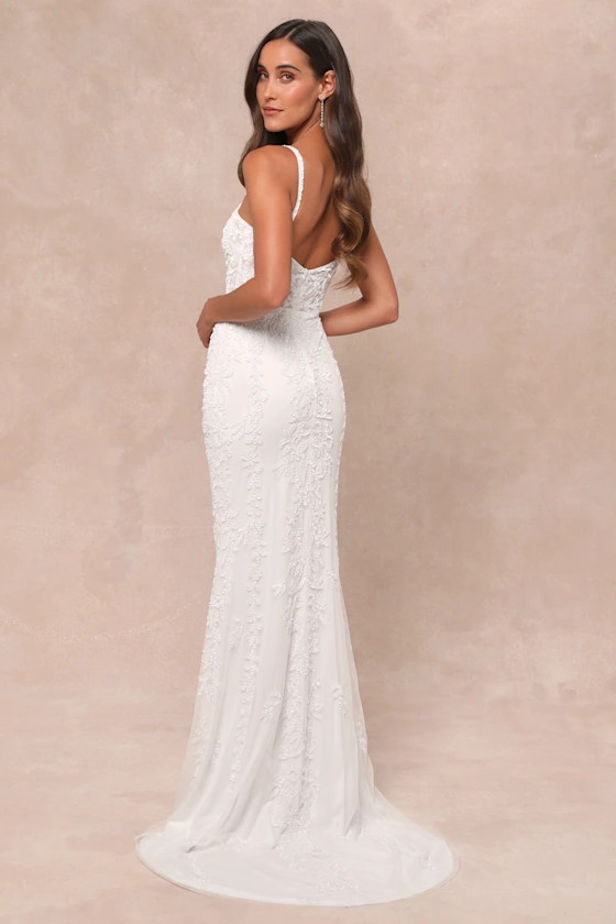 Momentous Love White Beaded Bustier Mesh Mermaid Maxi Dress | Lulus